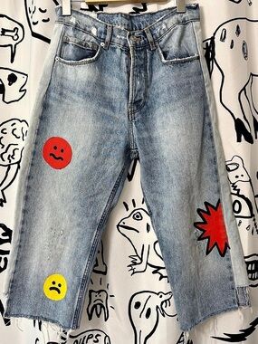 Zara TRF Denim X'D Makers Graphic Print Jeans Cropped Jeans Blue & Red